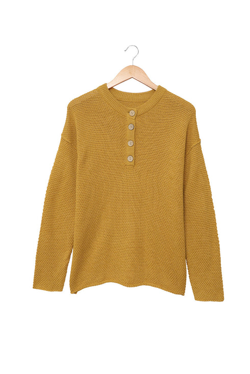 Henley Button Placket Side Slit Drop Shoulder Pullover Knit Sweater